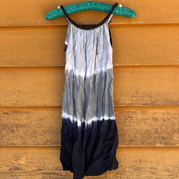 Tie-Dye Blue & Black Rayon Sleeveless Girls Sundress Medium M 7/8 Beaded Halter - Picture 3 of 7